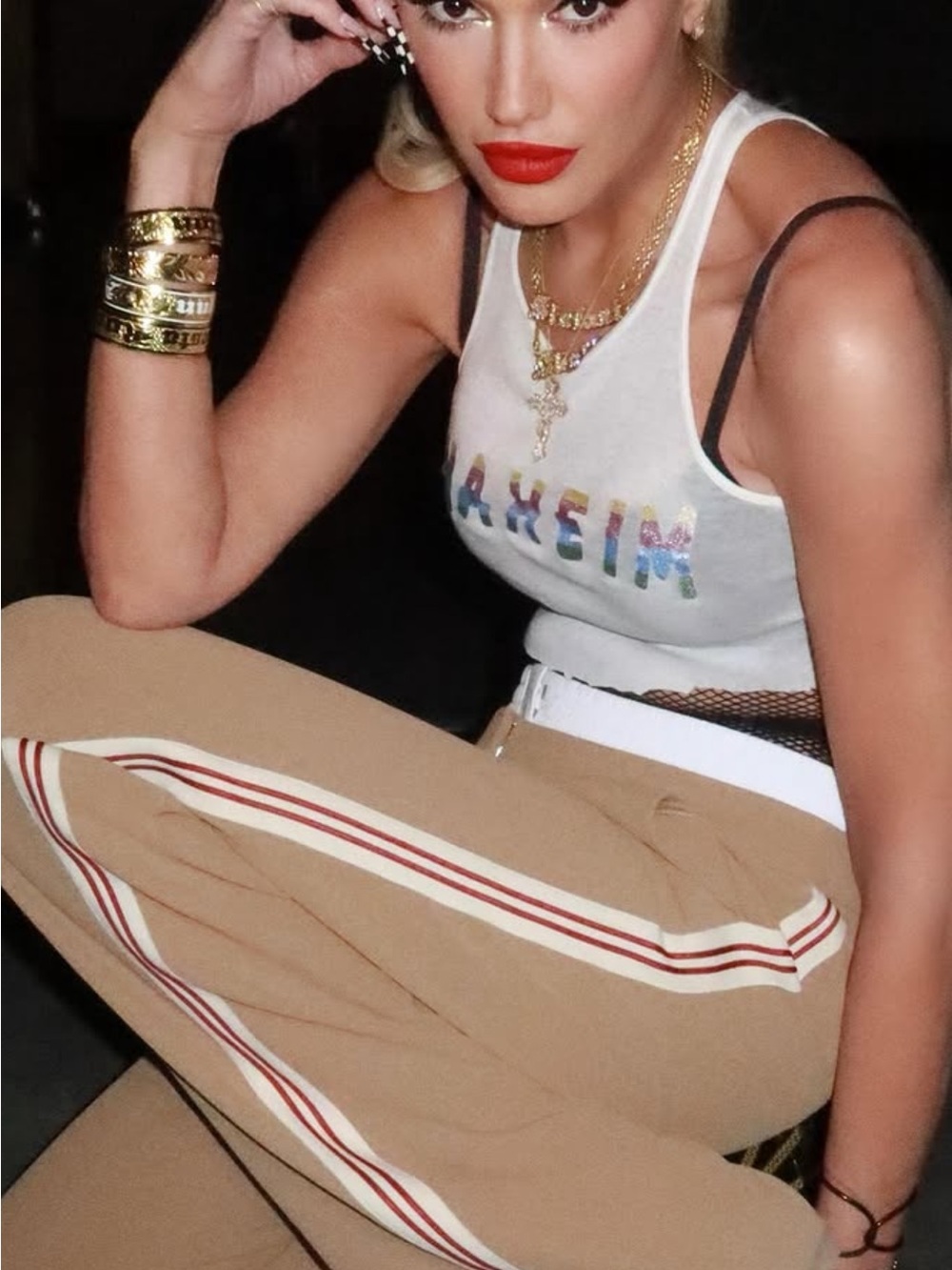 Veronica Beard Tan Track Pants with White & Red Stripe